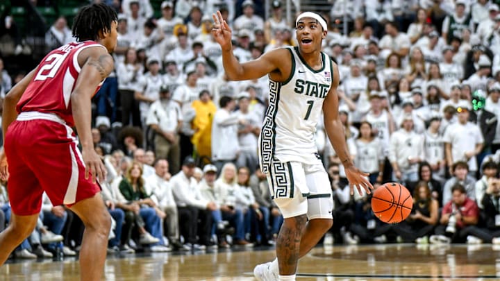 Michigan State's Jeremy Fears Jr. move the ball against Arkansas during the first half on Saturday, Nov. 8, 2025, at the Breslin Center in East Lansing. Michigan State's Jeremy Fears Jr. move the ball against Arkansas during the first half on Saturday, Nov. 8, 2025, at the Breslin Center in East Lansing.