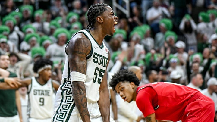 Michigan State's Coen Carr celebrates after three dunks in a row against Rutgers during the second half on Thursday, March 5, 2026, at the Breslin Center in East Lansing.