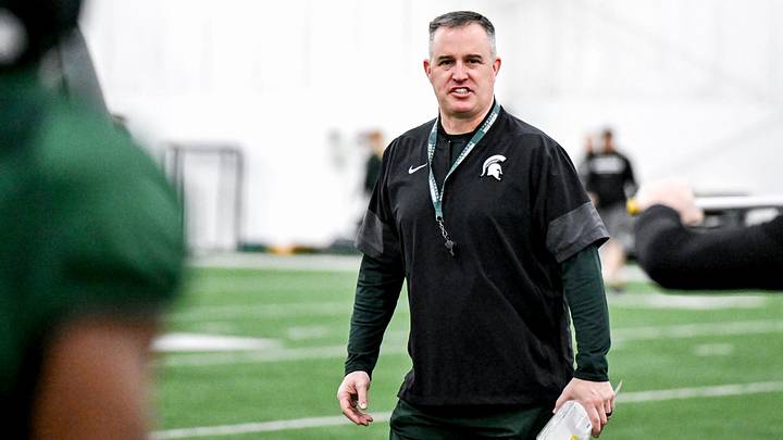 Michigan State's head coach Pat Fitzgerald instructs players during spring football practice on Tuesday, March 24, 2026, in East Lansing.