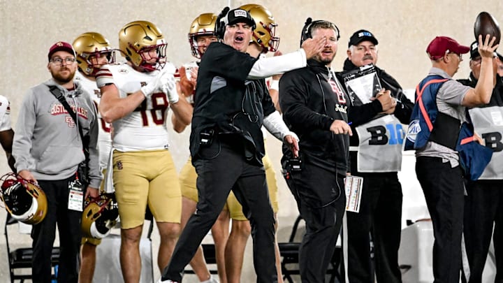 Eagles head coach Bill O'Brien yells for a first down after Michigan State's Jordan Hall hit Boston College's quarterback late on a play during the second quarter on Saturday, Sept. 6, 2025, at Spartan Stadium in East Lansing.