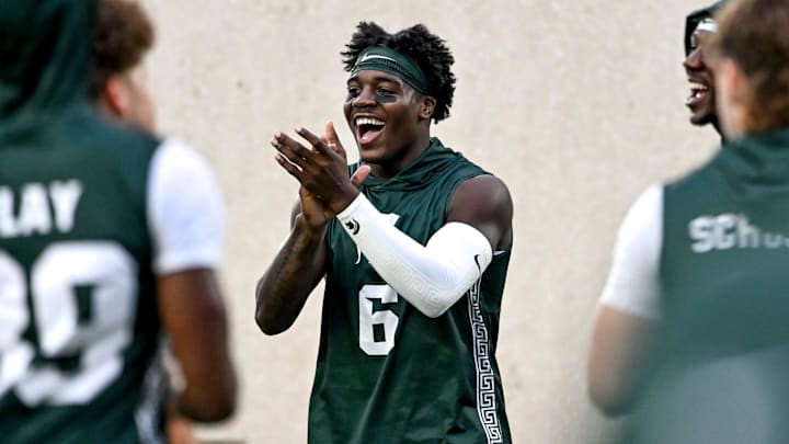 Michigan State's Nick Marsh cheers while warming up before the start of the football game against Ohio State on Saturday, Sept. 28, 2024, outside Spartan Stadium in East Lansing.