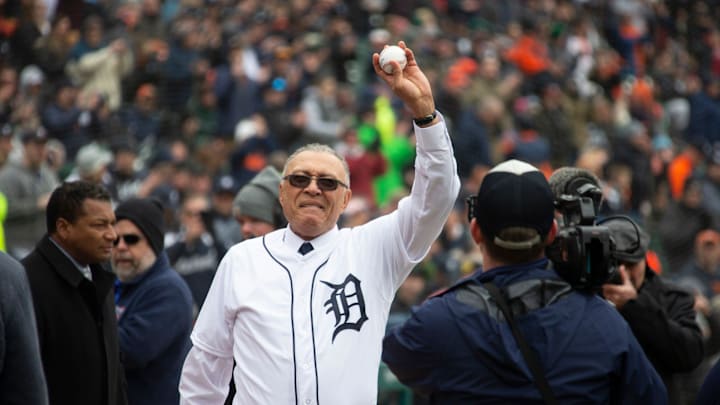 Willie Hernandez holds up the ball before throwing the ceremonial pitch during Detroit Tigers Opening Day game against the Kansas City Royals at Comerica Park on Thursday, April 4, 2019. Willie Hernandez holds up the ball before throwing the ceremonial pitch during Detroit Tigers Opening Day game against the Kansas City Royals at Comerica Park on Thursday, April 4, 2019.