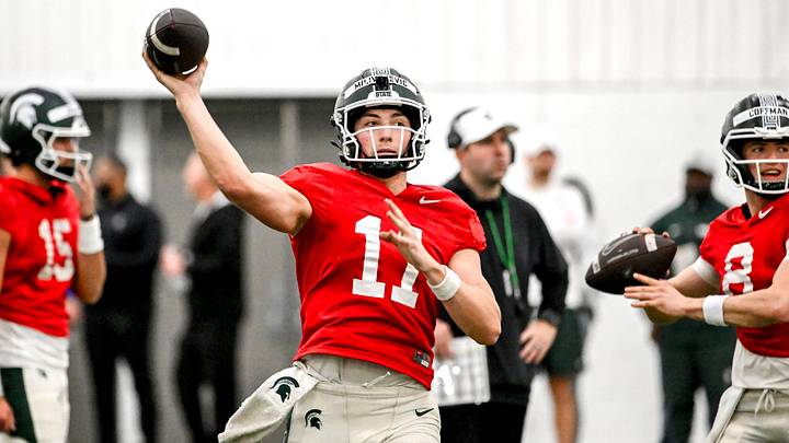 Michigan State's Alessio Milivojevic throws a pass during spring football practice on Tuesday, April 14, 2026, in East Lansing. Michigan State's Alessio Milivojevic throws a pass during spring football practice on Tuesday, April 14, 2026, in East Lansing.