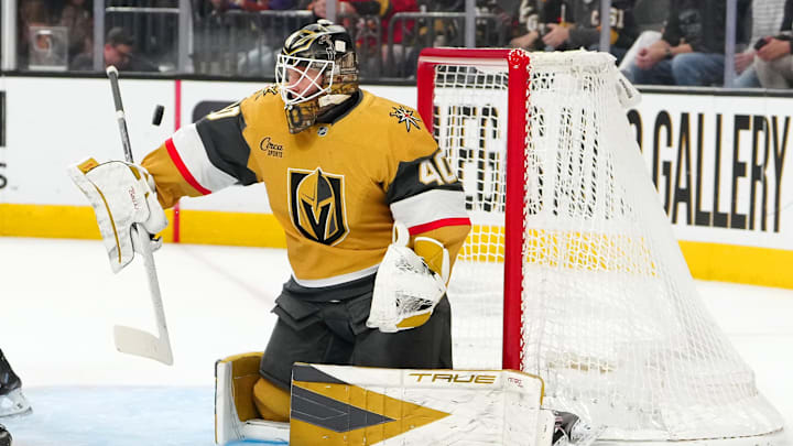 Mar 19, 2026; Las Vegas, Nevada, USA; Vegas Golden Knights goaltender Akira Schmid (40) makes a save against the Utah Mammoth during the first period at T-Mobile Arena. Mandatory Credit: Stephen R. Sylvanie-Imagn Images Mar 19, 2026; Las Vegas, Nevada, USA; Vegas Golden Knights goaltender Akira Schmid (40) makes a save against the Utah Mammoth during the first period at T-Mobile Arena. Mandatory Credit: Stephen R. Sylvanie-Imagn Images