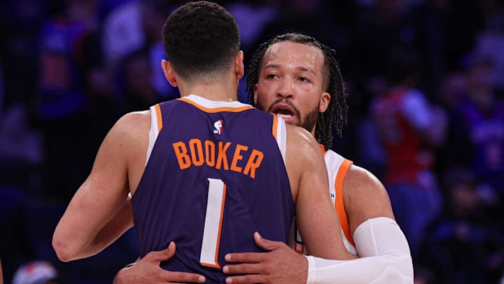 Apr 6, 2025; New York, New York, USA; New York Knicks guard Jalen Brunson (11) greets Phoenix Suns guard Devin Booker (1) after the game at Madison Square Garden. Mandatory Credit: Vincent Carchietta-Imagn Images Apr 6, 2025; New York, New York, USA; New York Knicks guard Jalen Brunson (11) greets Phoenix Suns guard Devin Booker (1) after the game at Madison Square Garden. Mandatory Credit: Vincent Carchietta-Imagn Images