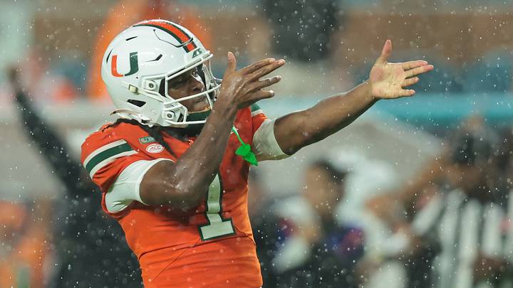 Oct 17, 2026; Miami Gardens, Florida, USA;  Miami Hurricanes wide receiver Malachi Toney (1) makes a catch during the first quarter against the Florida State Seminoles at Hard Rock Stadium.  Mandatory Credit: Sam Navarro-Imagn Images