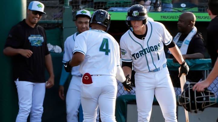 Daytona Tortugas Alfredo Alcantara gets congratulated from Tyson Lewis after scoring a solo home run during a game with the Palm Beach Cardinals at Jackie Robinson Ballpark in Daytona Beach, Saturday, July 26, 2025. Daytona Tortugas Alfredo Alcantara gets congratulated from Tyson Lewis after scoring a solo home run during a game with the Palm Beach Cardinals at Jackie Robinson Ballpark in Daytona Beach, Saturday, July 26, 2025.