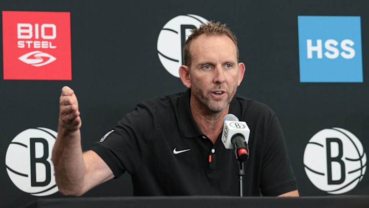 Sep 26, 2022; Brooklyn, NY, USA; Brooklyn Nets general manager Sean Marks talks to the media during media day at HSS Training Center. Mandatory Credit: Vincent Carchietta-Imagn Images Sep 26, 2022; Brooklyn, NY, USA; Brooklyn Nets general manager Sean Marks talks to the media during media day at HSS Training Center. Mandatory Credit: Vincent Carchietta-Imagn Images