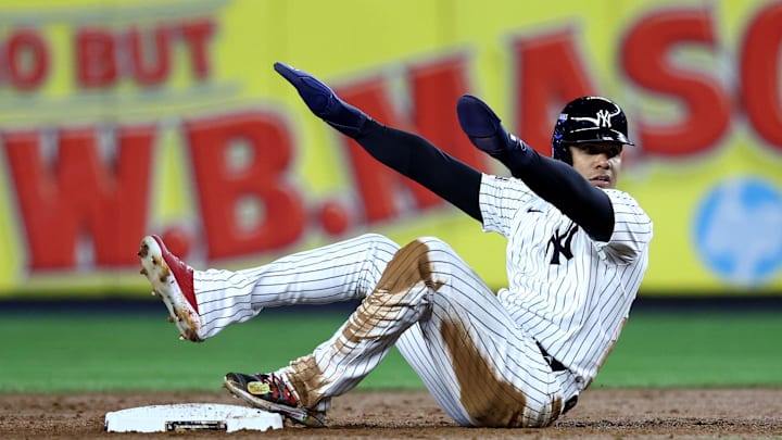 Oct 28, 2024; New York, New York, USA; New York Yankees outfielder Juan Soto (22) reacts after being called out during the sixth inning against the Los Angeles Dodgers in game three of the 2024 MLB World Series at Yankee Stadium.