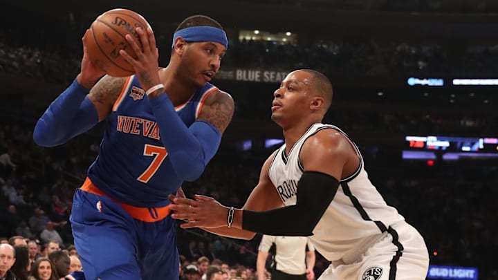 Mar 16, 2017; New York, NY, USA;  Brooklyn Nets guard Randy Foye (2) defends New York Knicks forward Carmelo Anthony (7) during the first quarter at Madison Square Garden. Mandatory Credit: Anthony Gruppuso-Imagn Images
