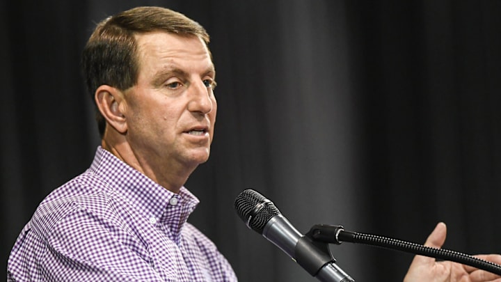 Clemson head coach Dabo Swinney speaks during the Clemson Club football National Signing Day wrap up presented by Clemson Seneca Chick-Fil-A at the Poe Indoor Practice Facility at Clemson University in Clemson, S.C. Feb 5, 2025