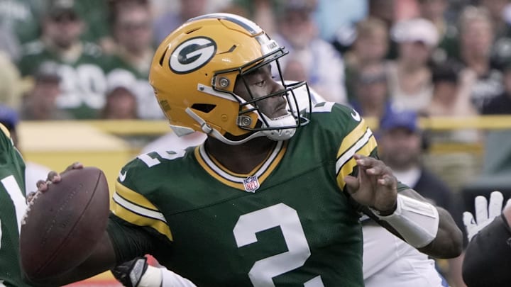 Green Bay Packers quarterback Malik Willis (2) throws a 39-yard pass to wide receiver Romeo Doubs during the fourth quarter vs. the Colts. Willis is expected to start against the Titans.
