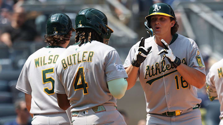 Jun 28, 2025; Bronx, New York, USA; Athletics first base Nick Kurtz (16) celebrates his three run home run with teammates during the sixth inning against the New York Yankees at Yankee Stadium. Mandatory Credit: Vincent Carchietta-Imagn Images