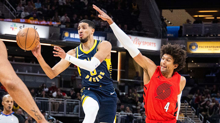 Nov 27, 2023; Indianapolis, Indiana, USA; Indiana Pacers guard Tyrese Haliburton (0) passes the ball