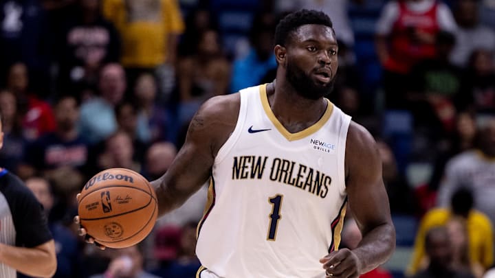 Nov 1, 2024; New Orleans, Louisiana, USA;  New Orleans Pelicans forward Zion Williamson (1) brings the ball up court against the Indiana Pacers during the first half at Smoothie King Center. Mandatory Credit: Stephen Lew-Imagn Images