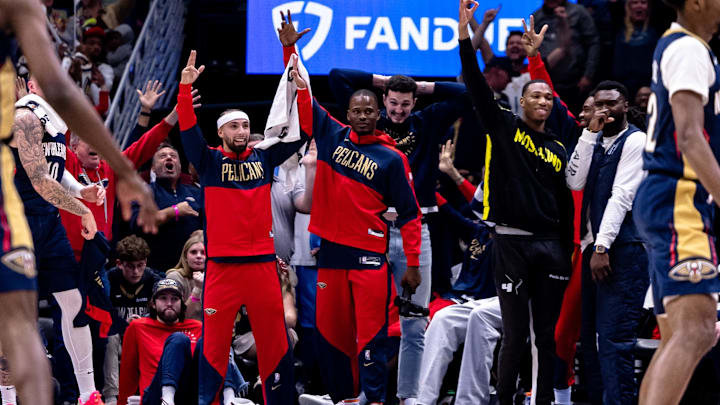 Jan 3, 2025; New Orleans, Louisiana, USA; New Orleans Pelicans bench reacts to guard CJ McCollum (not pictured) scoring 50 points against the Washington Wizards during the second half at Smoothie King Center. Mandatory Credit: Stephen Lew-Imagn Images Jan 3, 2025; New Orleans, Louisiana, USA; New Orleans Pelicans bench reacts to guard CJ McCollum (not pictured) scoring 50 points against the Washington Wizards during the second half at Smoothie King Center. Mandatory Credit: Stephen Lew-Imagn Images