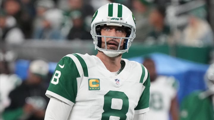East Rutherford, NJ -- October 14, 2024 -- Aaron Rodgers of the Jets after a TD was called back in the second half. The Buffalo Bills came to MetLife Stadium to play the NY Jets. The Jets played their first game under new interim head coach Jeff Ulbrich.