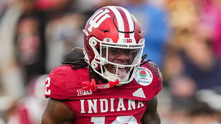 Indiana Hoosiers defensive back Devan Boykin (12) yells in excitement after a sack Thursday, Jan. 1, 2026, during the 112th annual Rose Bowl game in Pasadena. Indiana Hoosiers defeated Alabama Crimson Tide, 38-3.