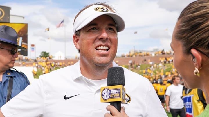 Missouri Tigers head coach Eliah Drinkwitz speaks to a reporter after a win over the Boston College Eagles last season.