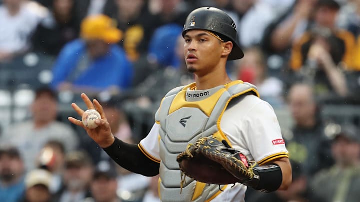 Apr 5, 2025; Pittsburgh, Pennsylvania, USA;  Pittsburgh Pirates catcher Endy Rodriguez (5) asks for time-out against the New York Yankees during the fifth inning at PNC Park. Mandatory Credit: Charles LeClaire-Imagn Images