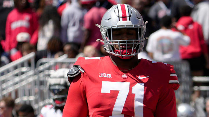 April 13, 2024; Columbus, Ohio, USA; 
Ohio State Buckeyes offensive tackle Josh Simmons (71) competes during the first half of the LifeSports spring football game at Ohio Stadium on Saturday.