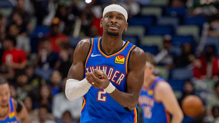 Nov 17, 2025; New Orleans, Louisiana, USA;  Oklahoma City Thunder guard Shai Gilgeous-Alexander (2) reacts after a play against the New Orleans Pelicans during the second half at Smoothie King Center. Mandatory Credit: Stephen Lew-Imagn Images