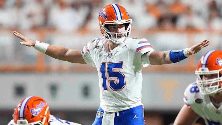 Oct 12, 2024; Knoxville, Tennessee, USA; Florida Gators quarterback Graham Mertz (15) audibles against the Tennessee Volunteers at Neyland Stadium. Mandatory Credit: Brianna Paciorka/USA TODAY Network via Imagn Images