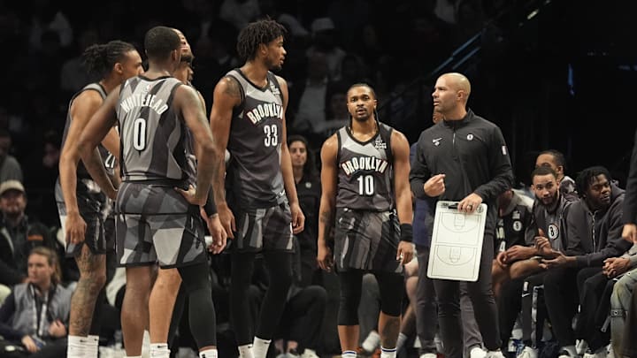 Apr 3, 2025; Brooklyn, New York, USA; Brooklyn Nets head coach Jordi Fernandez speaks to his players at a break in the action during the first half against the Minnesota Timberwolves at Barclays Center. Mandatory Credit: Gregory Fisher-Imagn Images Apr 3, 2025; Brooklyn, New York, USA; Brooklyn Nets head coach Jordi Fernandez speaks to his players at a break in the action during the first half against the Minnesota Timberwolves at Barclays Center. Mandatory Credit: Gregory Fisher-Imagn Images