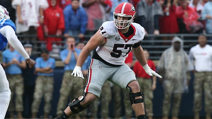 Nov 9, 2024; Oxford, Mississippi, USA; Georgia Bulldogs offensive lineman Monroe Freeling (57) blocks during the first half against the Mississippi Rebels at Vaught-Hemingway Stadium. Mandatory Credit: Petre Thomas-Imagn Images