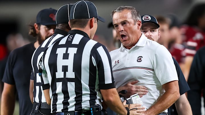 Sep 13, 2025; Columbia, South Carolina, USA; South Carolina Gamecocks head coach Shane Beamer reacts to the play that knocked out his QB quarterback LaNorris Sellers (16) against the Vanderbilt Commodores in the second quarter at Williams-Brice Stadium. Mandatory Credit: Jeff Blake-Imagn Images