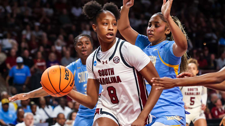 Mar 21, 2026; Columbia, South Carolina, USA; South Carolina Gamecocks forward Joyce Edwards (8) drives against the Southern Jaguars in the first half at Colonial Life Arena. Mandatory Credit: Jeff Blake-Imagn Images