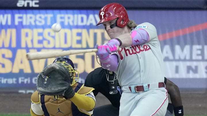 Sep 1, 2025; Milwaukee, Wisconsin, USA; Philadelphia Phillies outfielder Harrison Bader (2) hits a one run double during the sixth inning of their game against the Milwaukee Brewers Monday, September 1, 2025 at American Family Field in Milwaukee, Mandatory Credit: Mark Hoffman/USA TODAY Network via Imagn Images Sep 1, 2025; Milwaukee, Wisconsin, USA; Philadelphia Phillies outfielder Harrison Bader (2) hits a one run double during the sixth inning of their game against the Milwaukee Brewers Monday, September 1, 2025 at American Family Field in Milwaukee, Mandatory Credit: Mark Hoffman/USA TODAY Network via Imagn Images