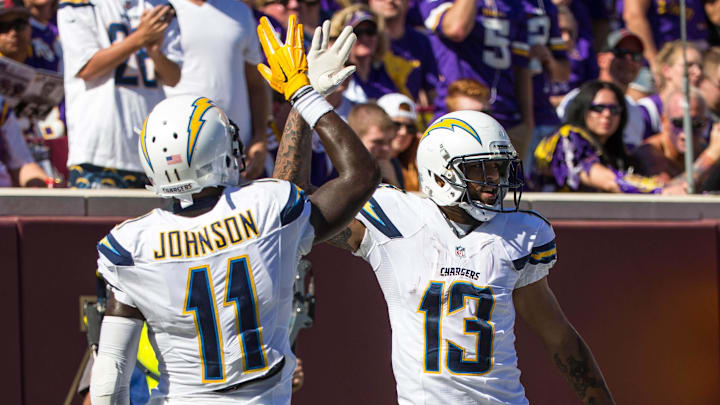 Sep 27, 2015; Minneapolis, MN, USA; San Diego Chargers wide receiver Keenan Allen (13) celebrates his touchdown with wide receiver Stevie Johnson (11)
