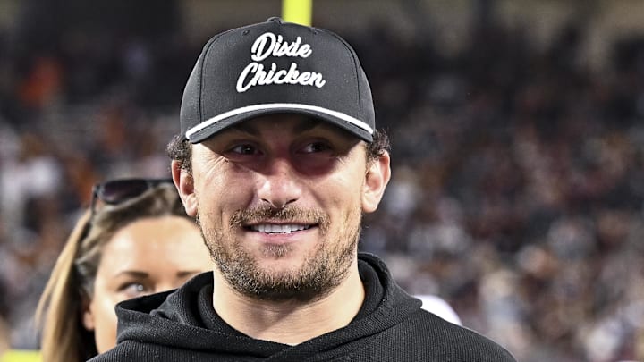 Former Cleveland Browns quarterback Johnny Manziel looks on prior to the game against the Texas Longhorns. The Longhorns defeated the Aggies 17-7 at Kyle Field. 