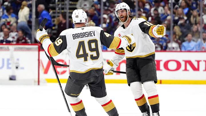 May 22, 2026; Denver, Colorado, USA; Vegas Golden Knights left wing Ivan Barbashev (49) and defenseman Noah Hanifin (15) celebrate following a goal during the third period against the Colorado Avalanche in game two of the Western Conference Final of the 2026 Stanley Cup Playoffs at Ball Arena. Mandatory Credit: Ron Chenoy-Imagn Images May 22, 2026; Denver, Colorado, USA; Vegas Golden Knights left wing Ivan Barbashev (49) and defenseman Noah Hanifin (15) celebrate following a goal during the third period against the Colorado Avalanche in game two of the Western Conference Final of the 2026 Stanley Cup Playoffs at Ball Arena. Mandatory Credit: Ron Chenoy-Imagn Images
