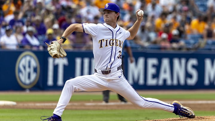 May 25, 2024; Hoover, AL, USA; LSU Tigers pitcher Kade Anderson (32) pitches against the South Carolina Gamecocks during the SEC Baseball Tournament at Hoover Metropolitan Stadium. Mandatory Credit: Vasha Hunt-Imagn Images
