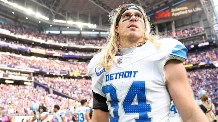 Oct 20, 2024; Minneapolis, Minnesota, USA; Detroit Lions linebacker Alex Anzalone (34) walks on the field after his teams win against the Minnesota Vikings at U.S. Bank Stadium. Mandatory Credit: Matt Krohn-Imagn Images