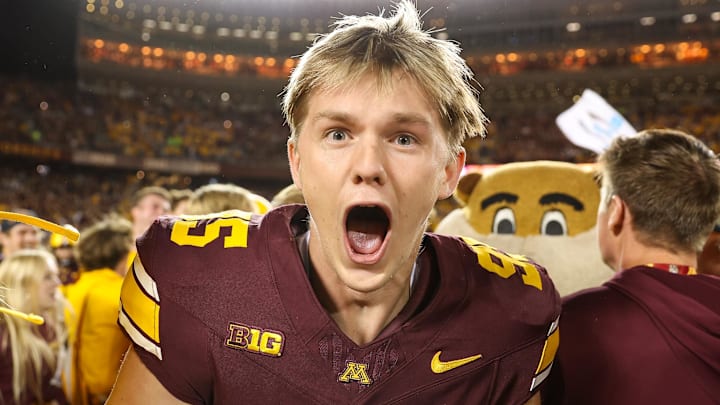 Minnesota Golden Gophers punter Caleb McGrath (95) celebrates on the field Minnesota Golden Gophers punter Caleb McGrath (95) celebrates on the field