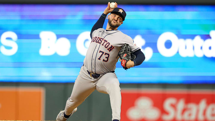 Houston Astros pitcher Luis Contreras pitches against the Minnesota Twins during the eighth inning at Target Field.