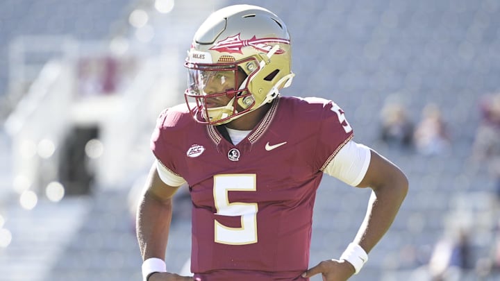 Nov 23, 2024; Tallahassee, Florida, USA; Florida State Seminoles quarterback Trever Jackson (5) warms up before the game against the Charleston Southern Buccaneers at Doak S. Campbell Stadium. Mandatory Credit: Melina Myers-Imagn Images Nov 23, 2024; Tallahassee, Florida, USA; Florida State Seminoles quarterback Trever Jackson (5) warms up before the game against the Charleston Southern Buccaneers at Doak S. Campbell Stadium. Mandatory Credit: Melina Myers-Imagn Images
