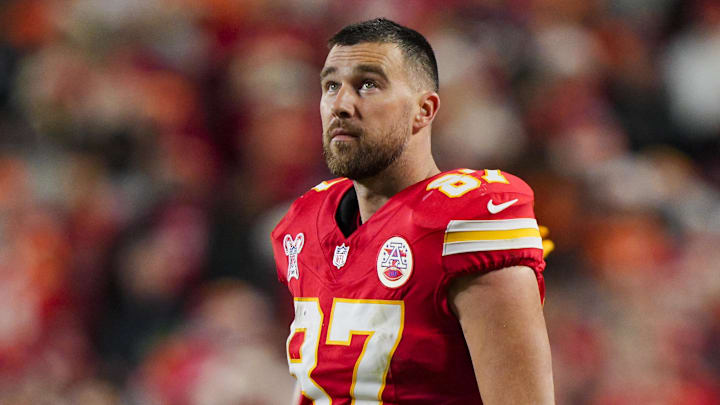 Dec 25, 2025; Kansas City, Missouri, USA; Kansas City Chiefs tight end Travis Kelce (87) reacts during the second half against the Denver Broncos at GEHA Field at Arrowhead Stadium. Dec 25, 2025; Kansas City, Missouri, USA; Kansas City Chiefs tight end Travis Kelce (87) reacts during the second half against the Denver Broncos at GEHA Field at Arrowhead Stadium.