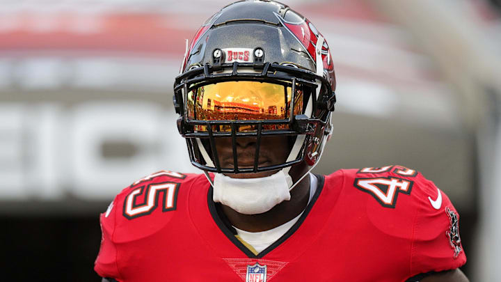 Sep 25, 2023; Tampa, Florida, USA;  Tampa Bay Buccaneers linebacker Devin White (45) takes the field