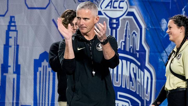 Dec 2, 2023; Charlotte, NC, USA; Florida State Seminoles head coach Mike Norvell during warm ups against the Louisville Cardinals at Bank of America Stadium. Mandatory Credit: Jim Dedmon-Imagn Images