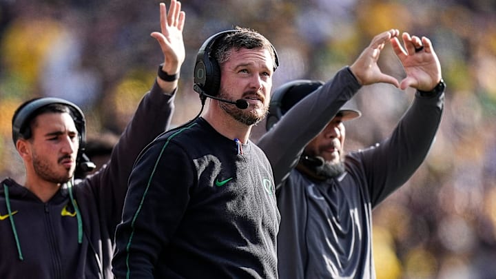 Oregon head coach Dan Lanning watches a play against Michigan during the first half at Michigan Stadium in Ann Arbor on Saturday, Nov. 2, 2024. Oregon head coach Dan Lanning watches a play against Michigan during the first half at Michigan Stadium in Ann Arbor on Saturday, Nov. 2, 2024.