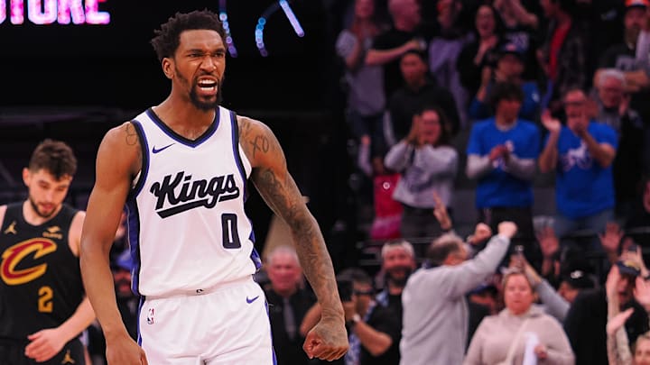 Mar 19, 2025; Sacramento, California, USA; Sacramento Kings guard Malik Monk (0) celebrates after a basket against the Cleveland Cavaliers during the fourth quarter at Golden 1 Center. Mandatory Credit: Kelley L Cox-Imagn Images Mar 19, 2025; Sacramento, California, USA; Sacramento Kings guard Malik Monk (0) celebrates after a basket against the Cleveland Cavaliers during the fourth quarter at Golden 1 Center. Mandatory Credit: Kelley L Cox-Imagn Images