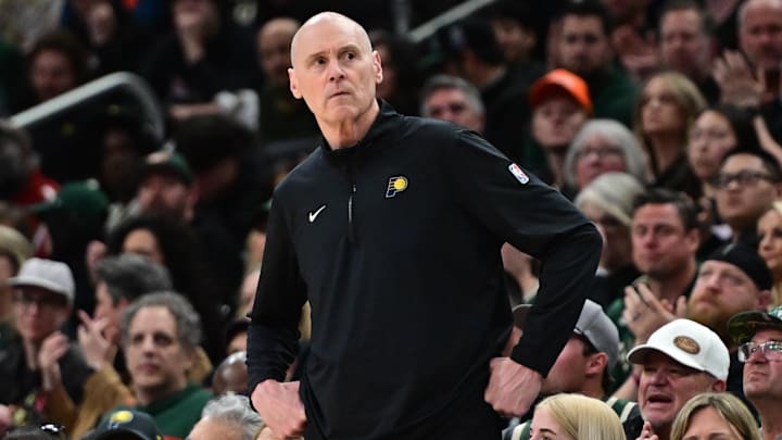 Apr 27, 2025; Milwaukee, Wisconsin, USA; Indiana Pacers head coach Rick Carlisle looks on in the fourth quarter against the Milwaukee Bucks during game four of first round for the 2024 NBA Playoffs at Fiserv Forum. Mandatory Credit: Benny Sieu-Imagn Images