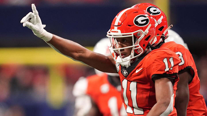 Dec 7, 2024; Atlanta, GA, USA; Georgia Bulldogs linebacker Jalon Walker (11) reacts against the Texas Longhorns during the first half in the 2024 SEC Championship game at Mercedes-Benz Stadium.