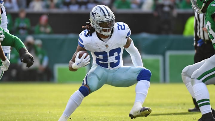 Dec 29, 2024; Philadelphia, Pennsylvania, USA; Dallas Cowboys running back Rico Dowdle (23) against the Philadelphia Eagles at Lincoln Financial Field. Mandatory Credit: Eric Hartline-Imagn Images