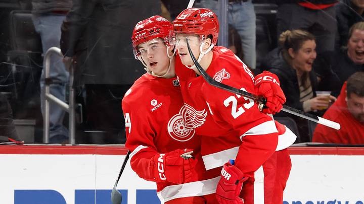 Jan 8, 2026; Detroit, Michigan, USA; Detroit Red Wings defenseman Axel Sandin-Pellikka (44) celebrates with left wing Lucas Raymond (23) after scoring in the second period against the Vancouver Canucks at Little Caesars Arena. Mandatory Credit: Rick Osentoski-Imagn Images Jan 8, 2026; Detroit, Michigan, USA; Detroit Red Wings defenseman Axel Sandin-Pellikka (44) celebrates with left wing Lucas Raymond (23) after scoring in the second period against the Vancouver Canucks at Little Caesars Arena. Mandatory Credit: Rick Osentoski-Imagn Images