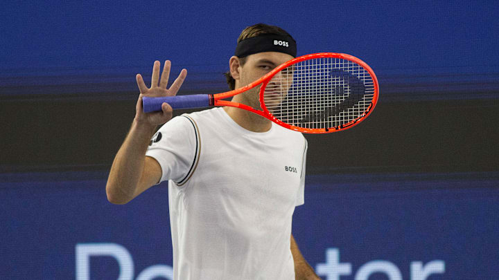 Taylor Fritz (USA) waves after a singles match against Arthur Rinderknech (FRA) during day five of the 2025 Dallas Open.